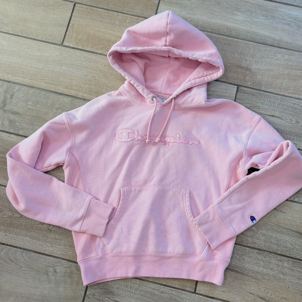 Champion Pink Reverse Weave Hoodie Women's Medium Embroidered Logo Flowers